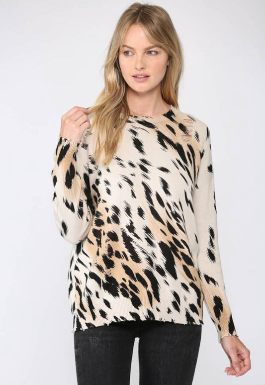 Animal Print Distressed Sweater