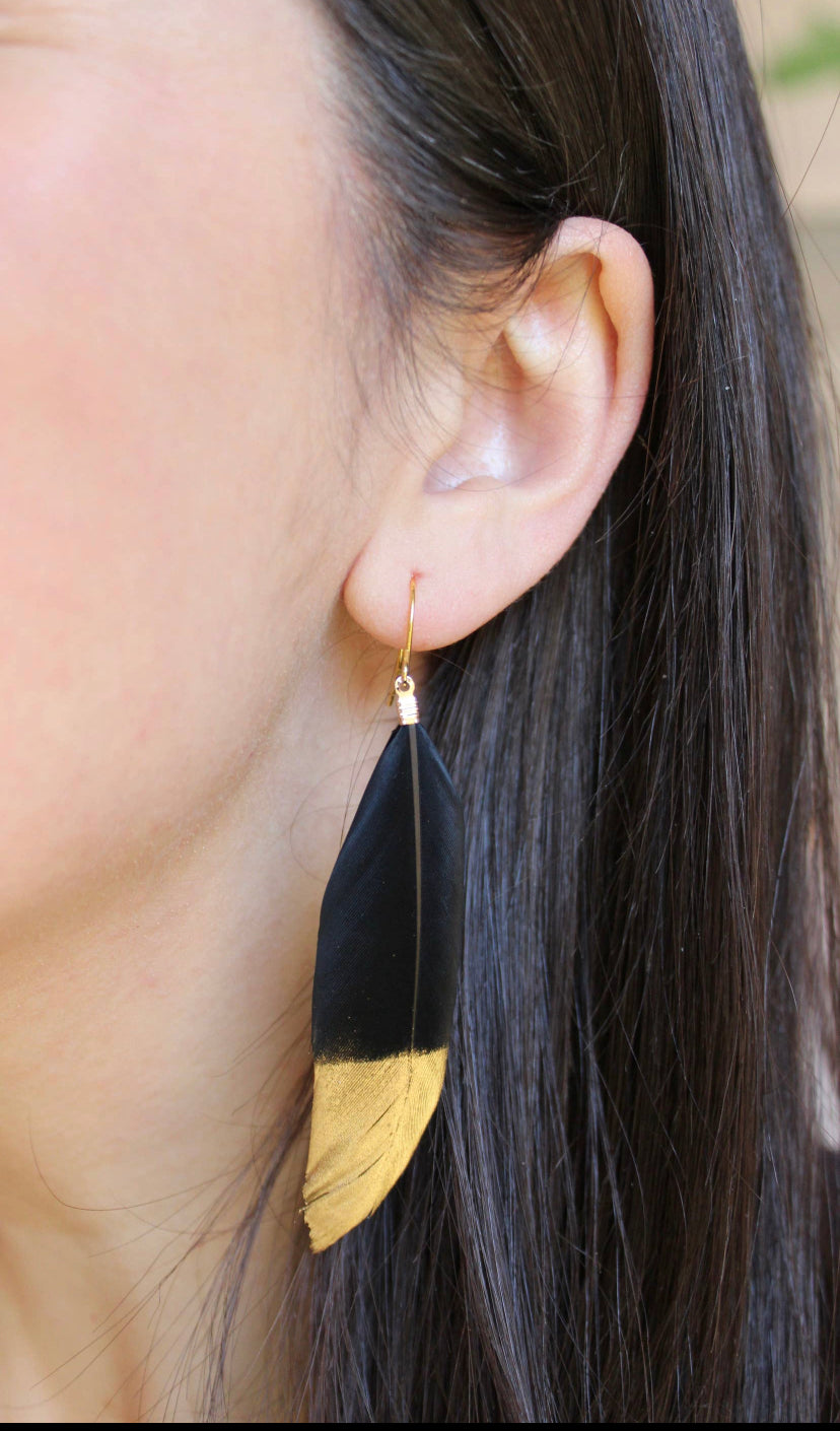 Gold Dipped Black Feather Earrings