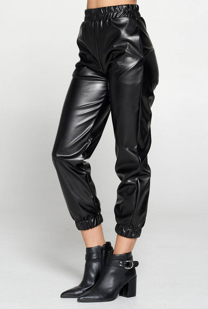 Black Faux Stretch  Leather Pants with Pockets