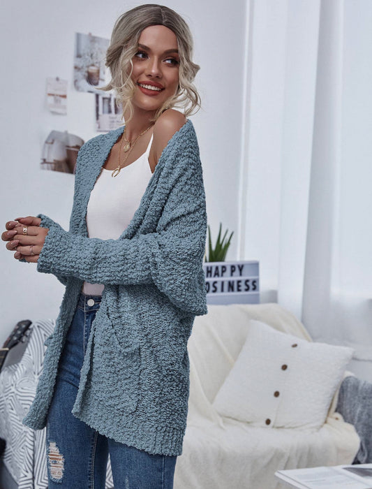 Blue Chunky Knit Open Cardigan