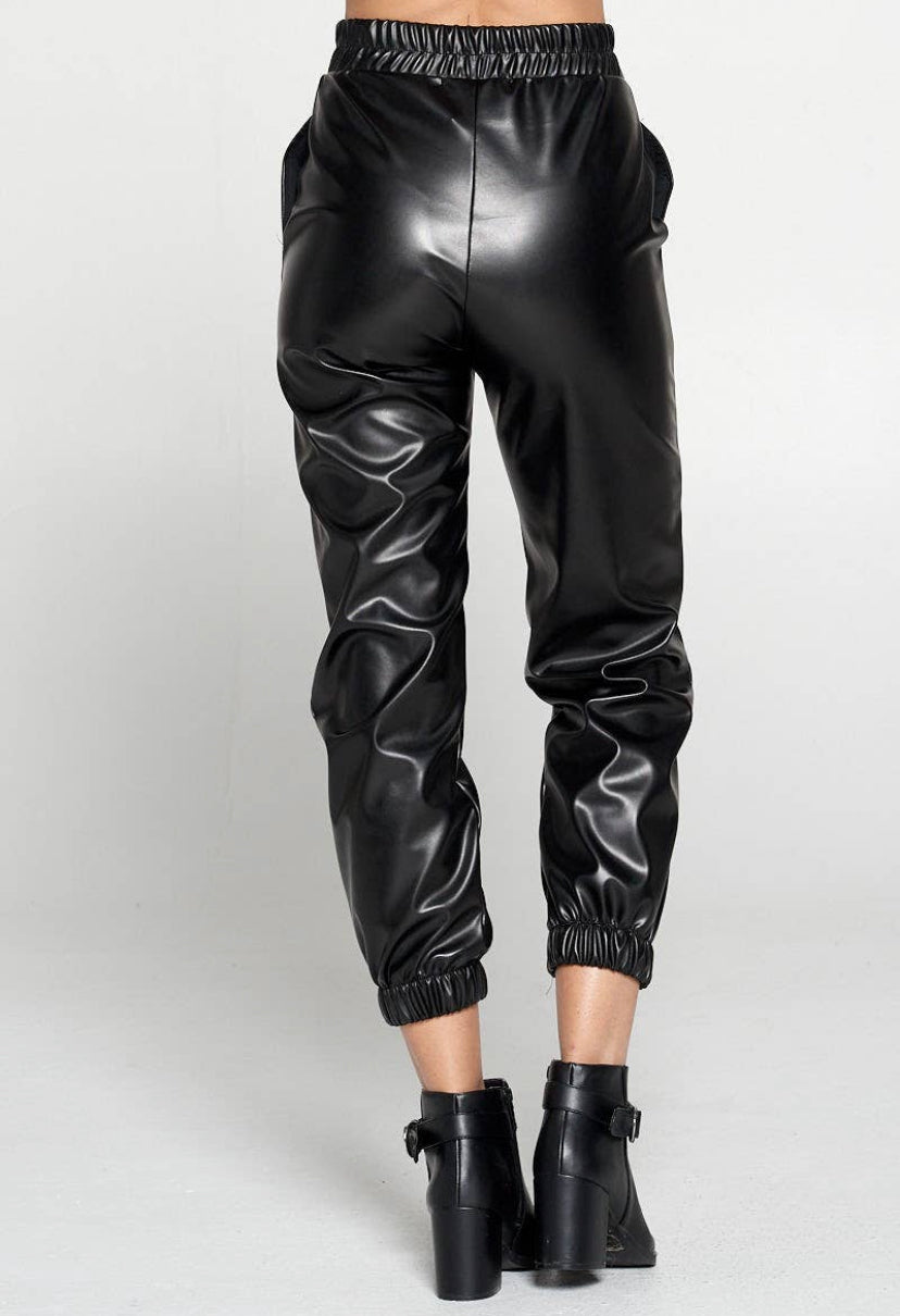 Black Faux Stretch  Leather Pants with Pockets