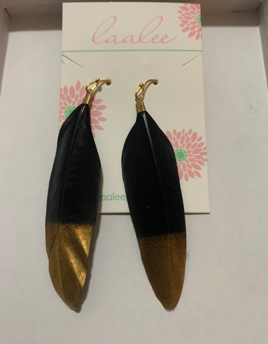 Gold Dipped Black Feather Earrings