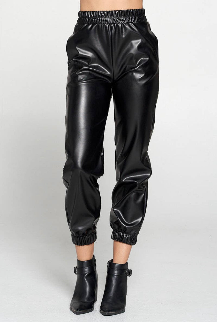 Black Faux Stretch  Leather Pants with Pockets